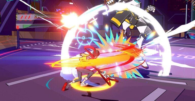 Hi-Fi Rush protagonist Chai explosively swings a guitar to battle an enemy.