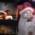 Gizmo sitting in a carved box in Gremlins and Santa stuck with Jack smiling next to him in A Nightmare Before Christmas. 