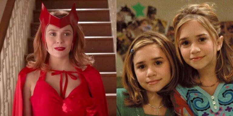 Elizabeth Olsen wearing a devil costume in Wandavision; The Olsen twins in Full House