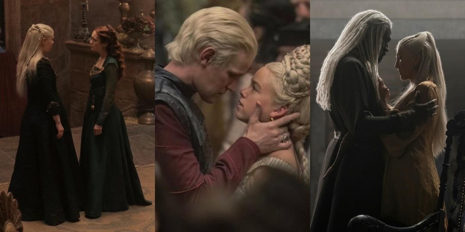 Split image of Rhaenyra and Alicent, Rhaenyra and Daemon, and Corlys in Rhaenys in House of the Dragon
