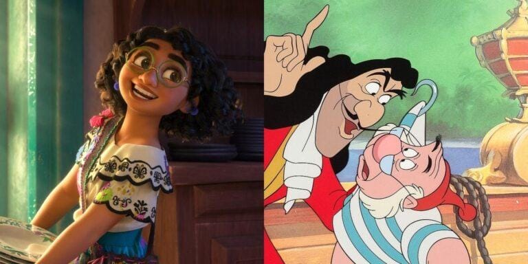 Split image of Mirabel in Encanto and Captain Hook and Mr. Smee in Peter Pan