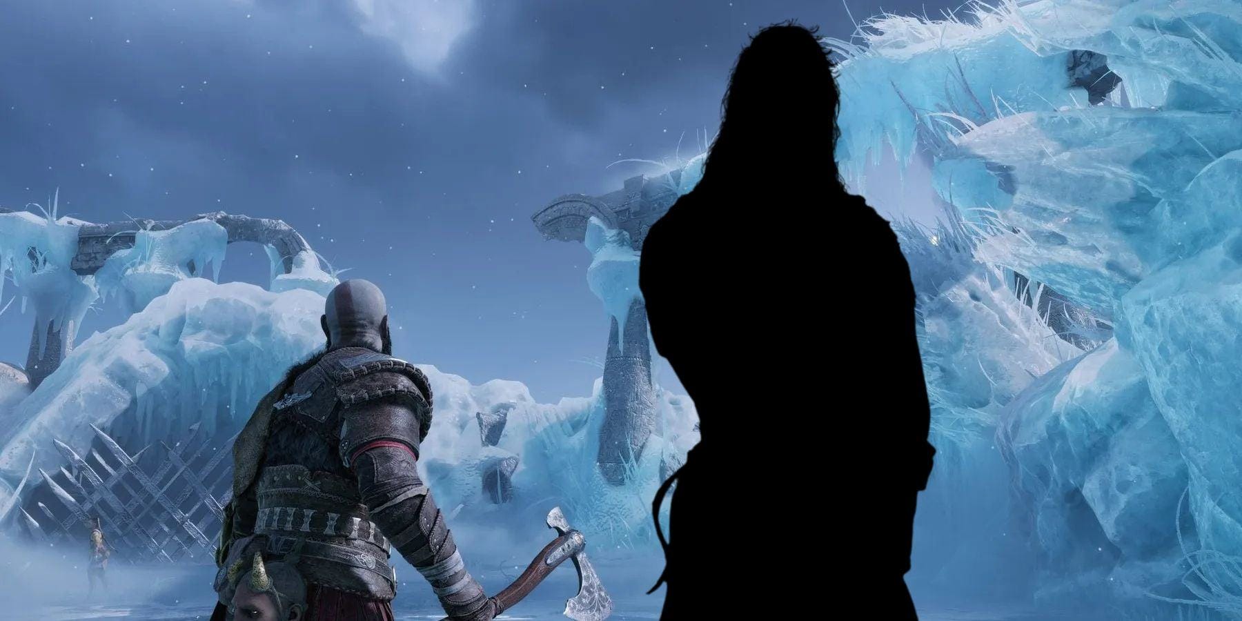 God of War Ragnarok's Kratos standing in the frozen landscape of Niflheim next to the silhouette of character that can be found there after the game's credits.