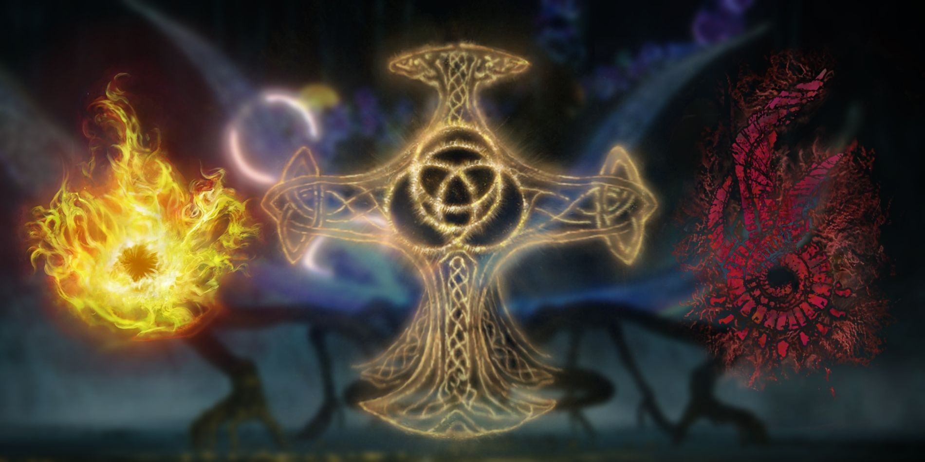 Elden Ring's Frenzied Flame Seal to the left, the Erdtree Seal in the middle, and the Dragon Communion Seal to the right. Blurred-out in the background is an in-game screenshot of the Astel boss.