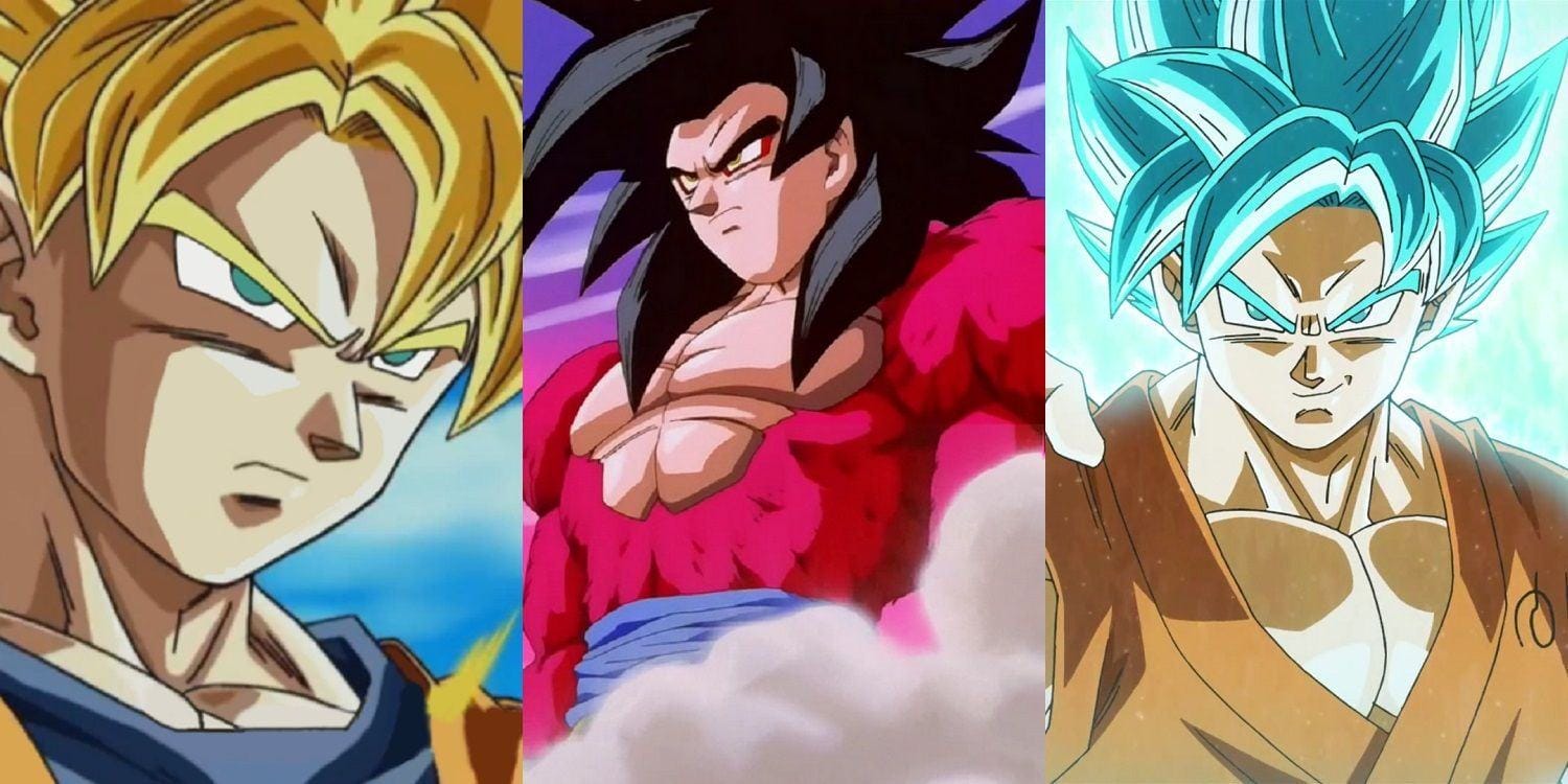 Super Saiyan Goku transformation, Super Saiyan 4 form, and Super Saiyan God Blue in Dragon Ball