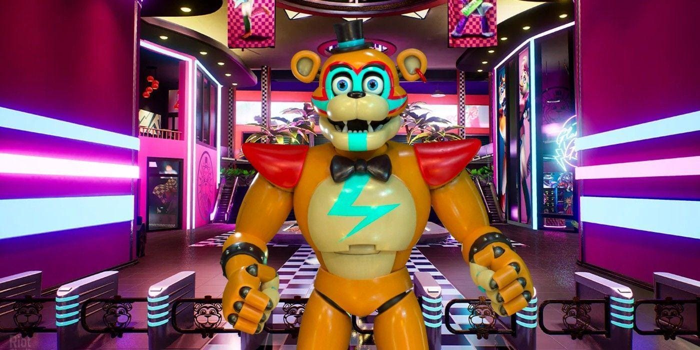 Five Nights at Freddy's: Security Breach's Glamrock Freddy against a background of the Pizzaplex atrium. 