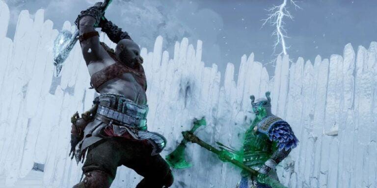 Kratos leaping at a Berserker with the Leviathan Axe in God of War Ragnarok