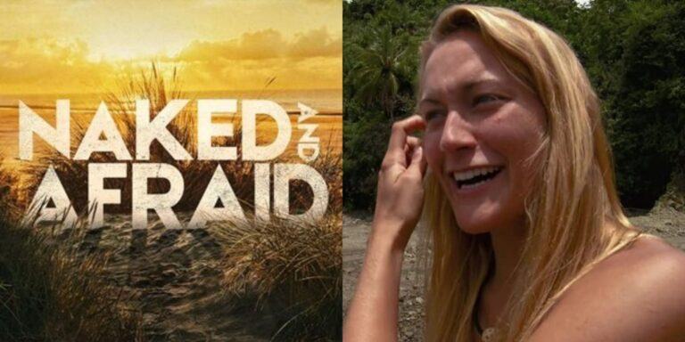 Split image showing the Naked and Afraid logo and a woman cry laughing