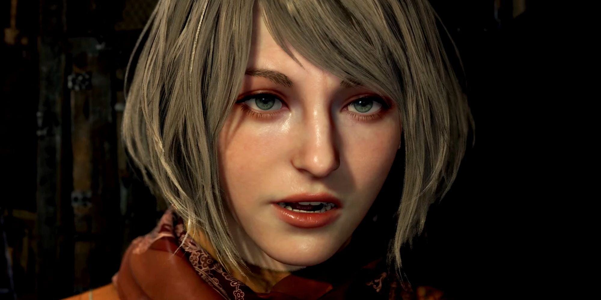 A close-up of Ashely during a cutscene in the Resident Evil 4 remake.