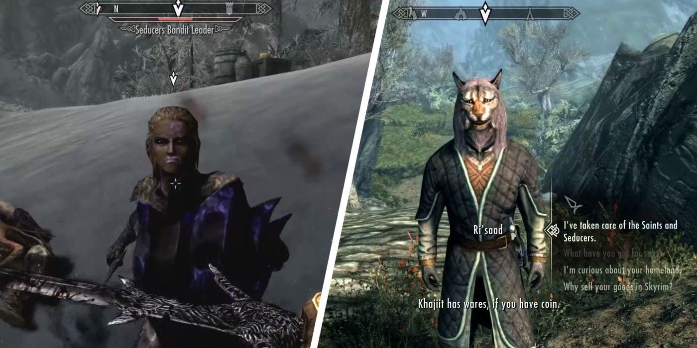 The Seducers Bandit Leader in Skyrim next to an image of Ri'saad the Khajiit