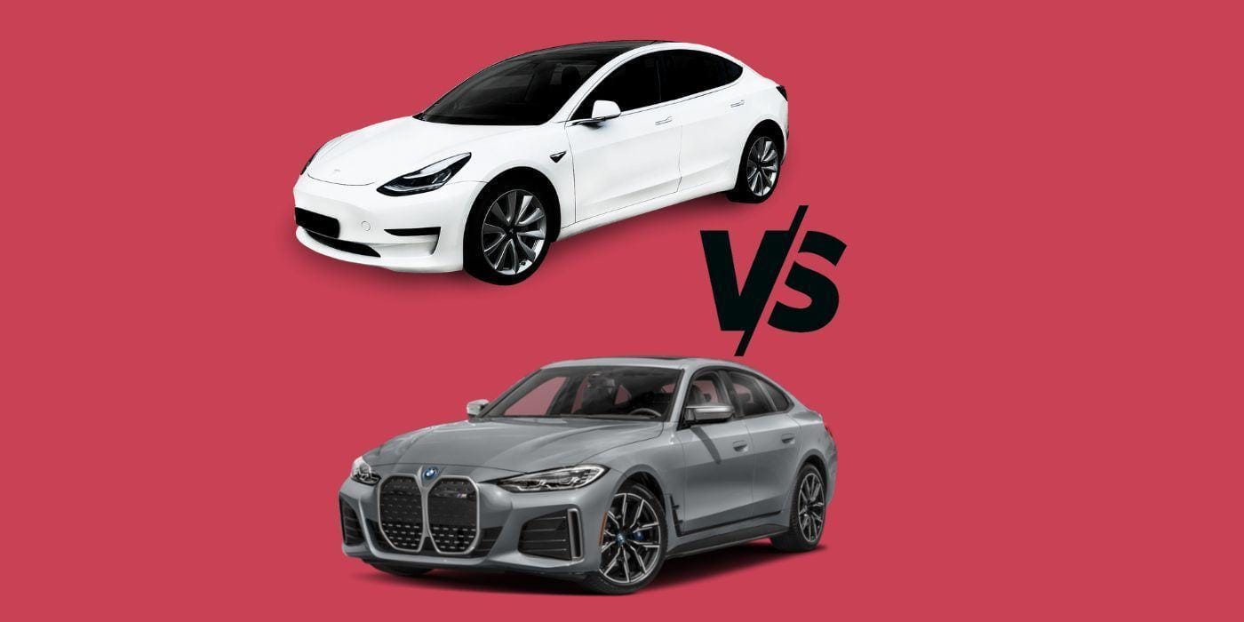 A Model 3 vs BMW i4 M50 in a mashup photo