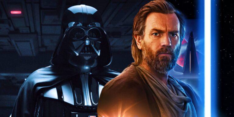 Obi-Wan Kenobi wielding his lightsaber next to Darth Vader from the series