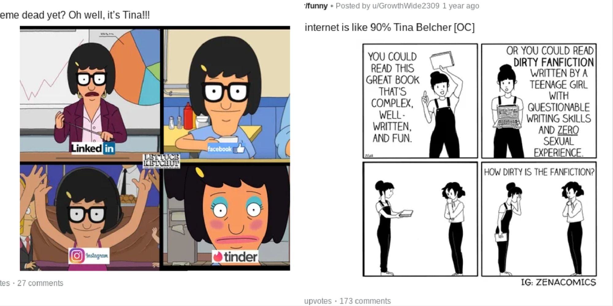 Split image of Tina Belcher character memes