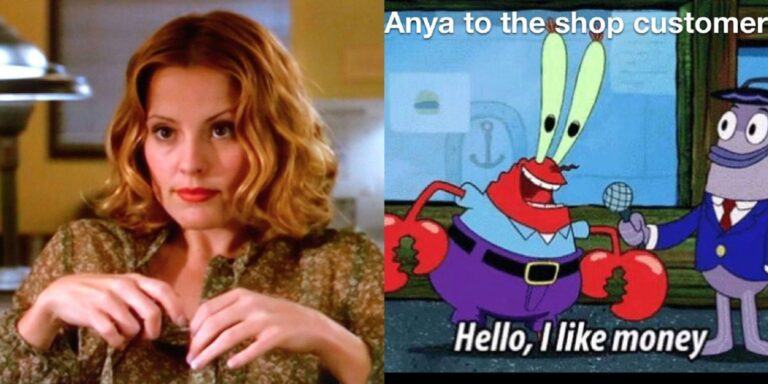 Split image of Anya Jenkins (Emma Caulfield) in Buffy the Vampire Slayer and character meme