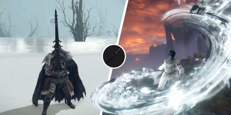 A split image showing a character wielding, and another using, Helphen's Steeple Greatsword in Elden Ring.