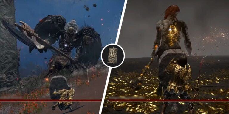 Elden Ring's playable character faces a foe on the left part of the image. On the right they face Radagon. In between both images is the Dragoncrest Greatshield Legendary Talisman.