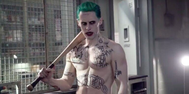 Joker shirtless carrying a baseball bat in a Suicide Squad deleted scene