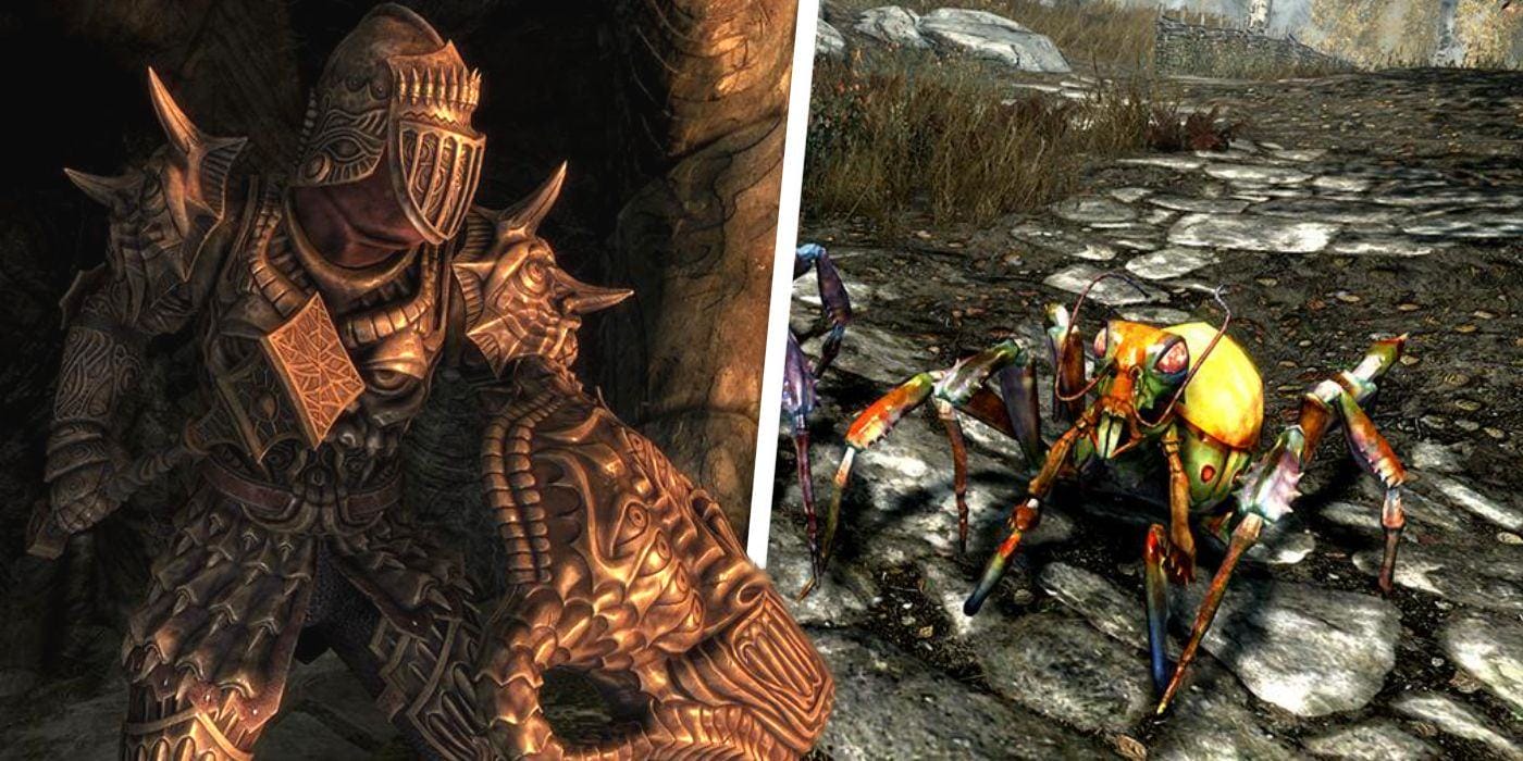 Two images side by side, with a Skyrim player dressed in heavy armor on the left and a monster on the right.