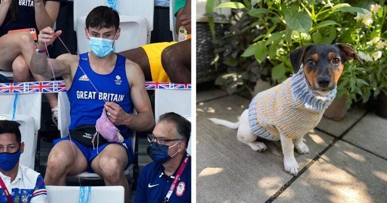 The Olympic gold medalist became famous for knitting sweaters for the dogs in the stands