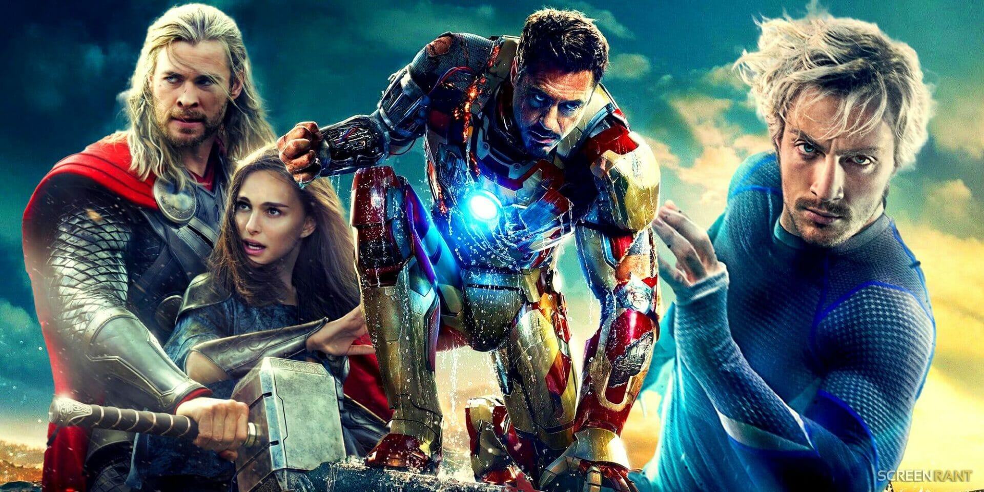 Custom image of MCU Phase 2 movies showing Thor and Jane Foster, Iron Man, and Quicksilver.