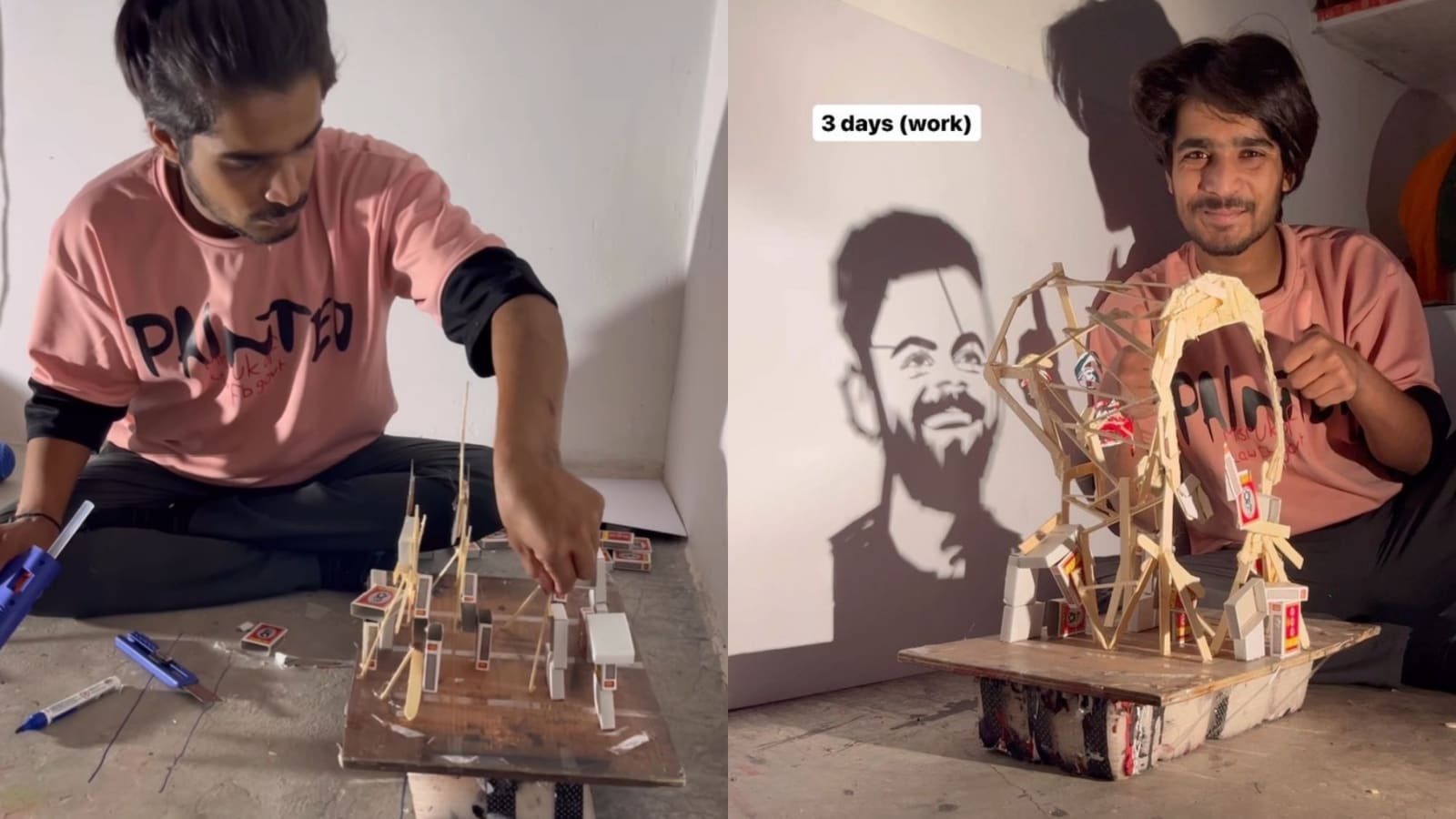 Artist creates Virat Kohli’s shadow portrait using matchboxes and wooden sticks, stuns people