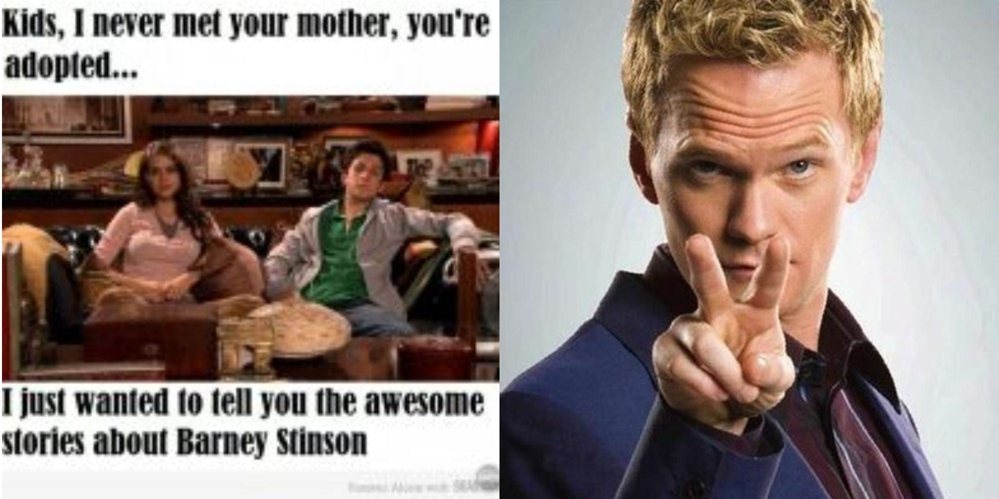 Split image of a meme about Barney and Barney pointing his fingers in How I Met Your Mother