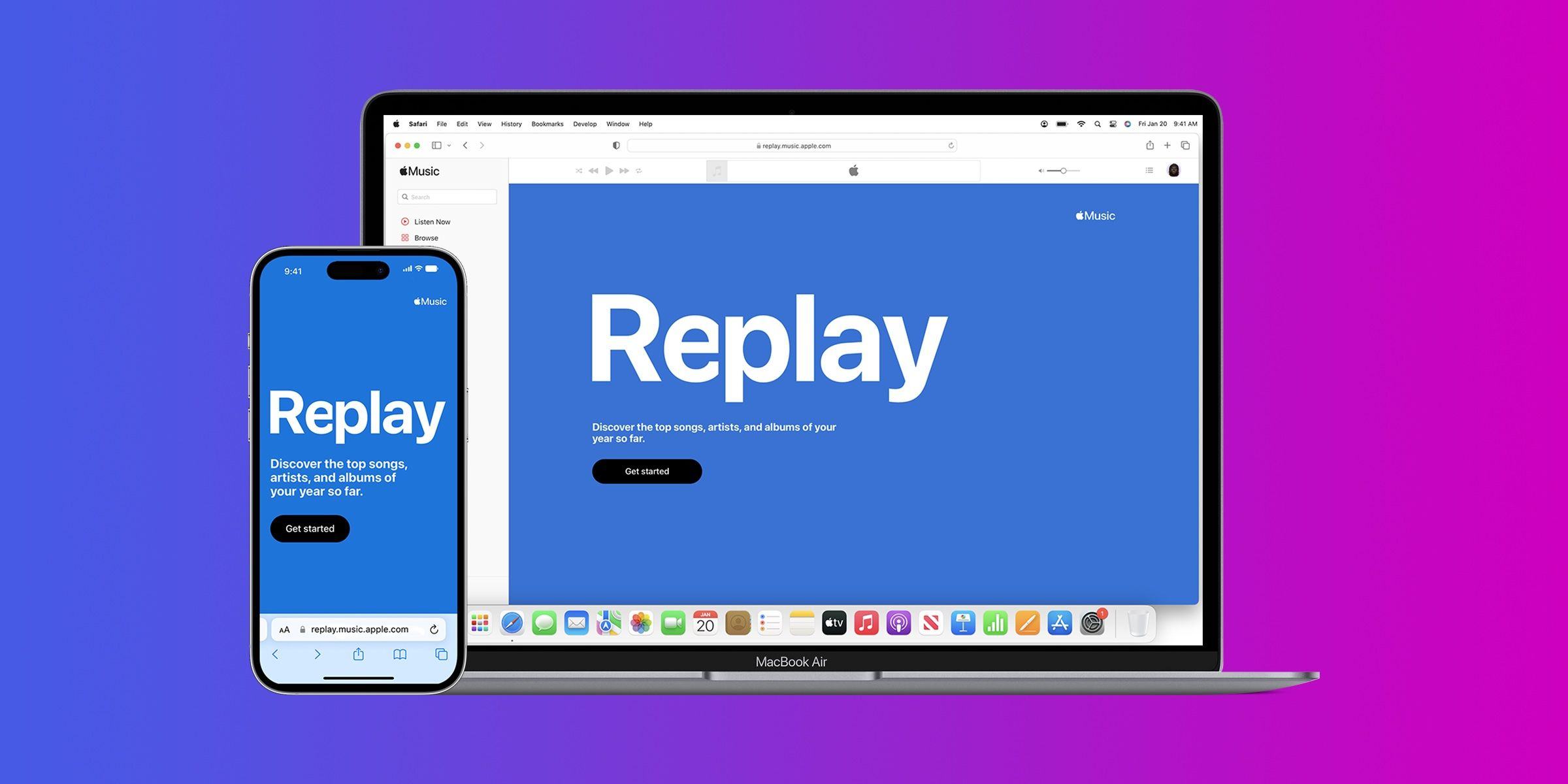 Apple Music Replay 2023 on a Mac and an iPhone 14 Pro against a blue and purple gradient background.