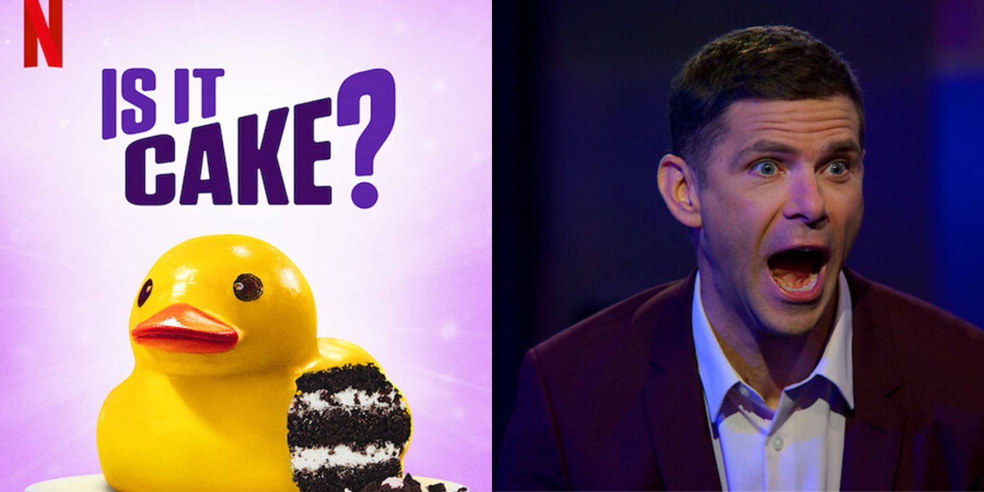 Split image showing the poster for Is It Cake? and Mikey Day looking shocked.
