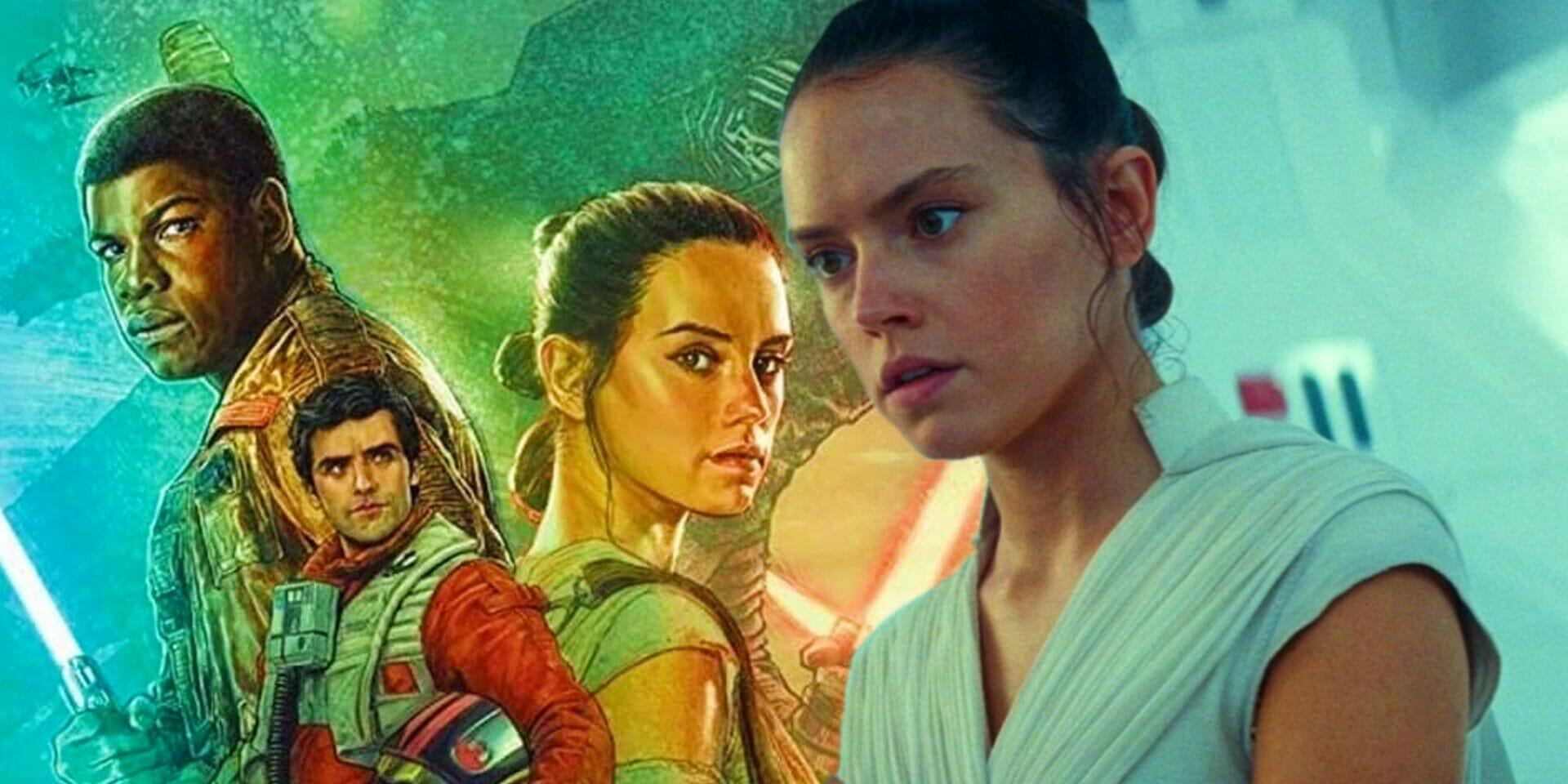 Rey from Episode IX next to artwork for Star Wars The Force Awakens