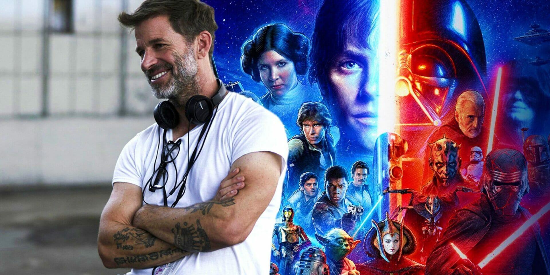 Zack Snyder crossing his arms and the Skywalker Saga poster from Star Wars