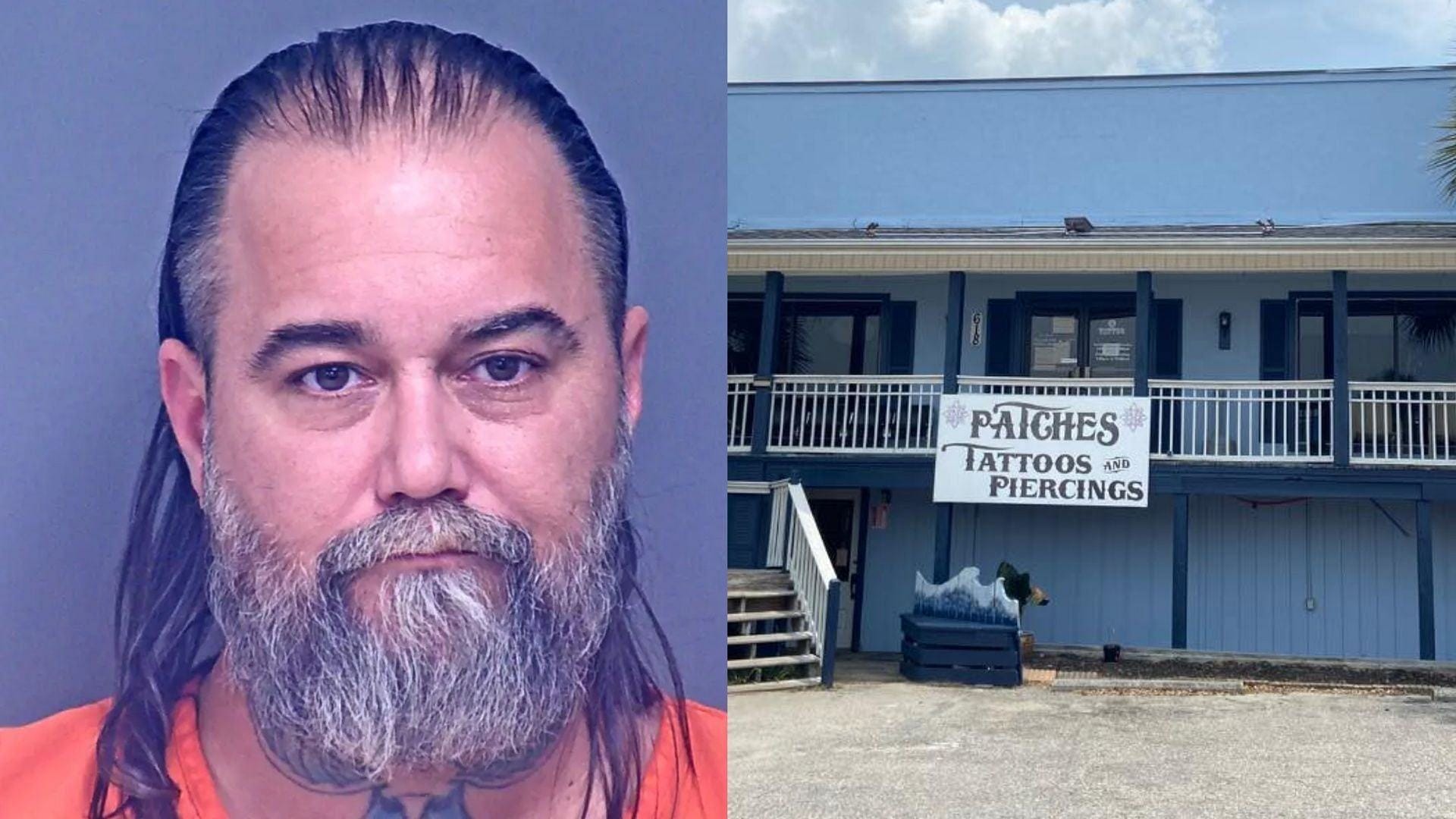 Employees of Patches Tattoo Alabama went on strike after owner allowed alleged r*pist Daniel Crain to work at the shop. (Image via Baldwin County Corrections Center, Facebook/Patches Tattoo &amp; Emporium)