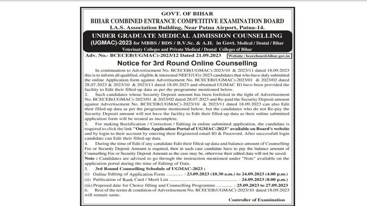 Bihar NEET UG Counselling 2023 Round 3 Dates