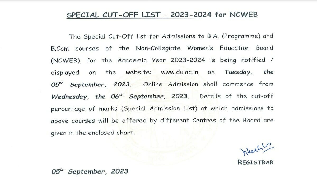 DU NCWEB special cut-off releases at ncweb.du.ac.in