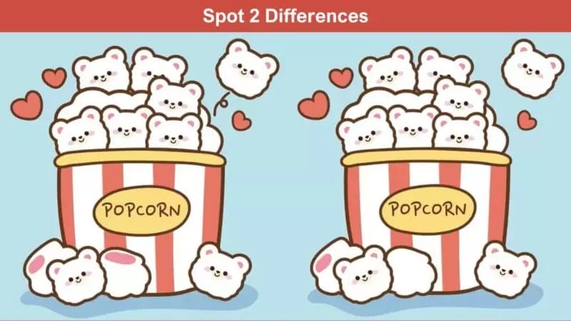 Spot the difference: There are two differences between the two pictures of the popcorn bowl.  Can you spot the differences in 6 seconds?