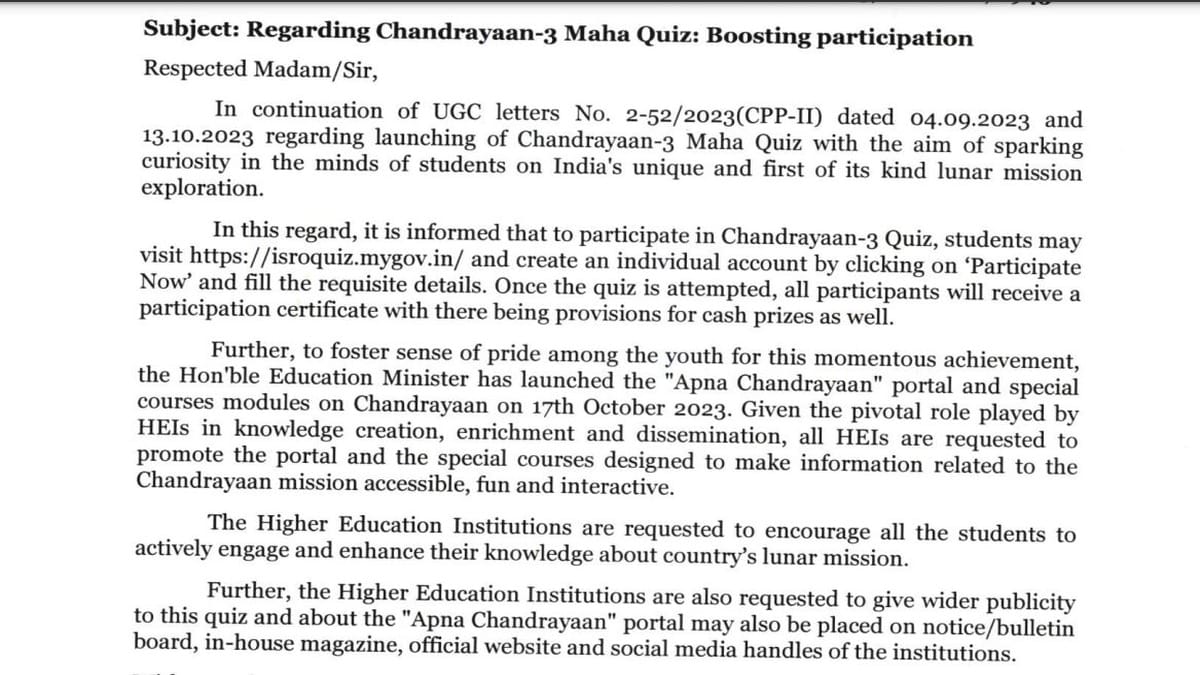 UGC Urges Students To Register on isroquiz.mygov.in for Participation