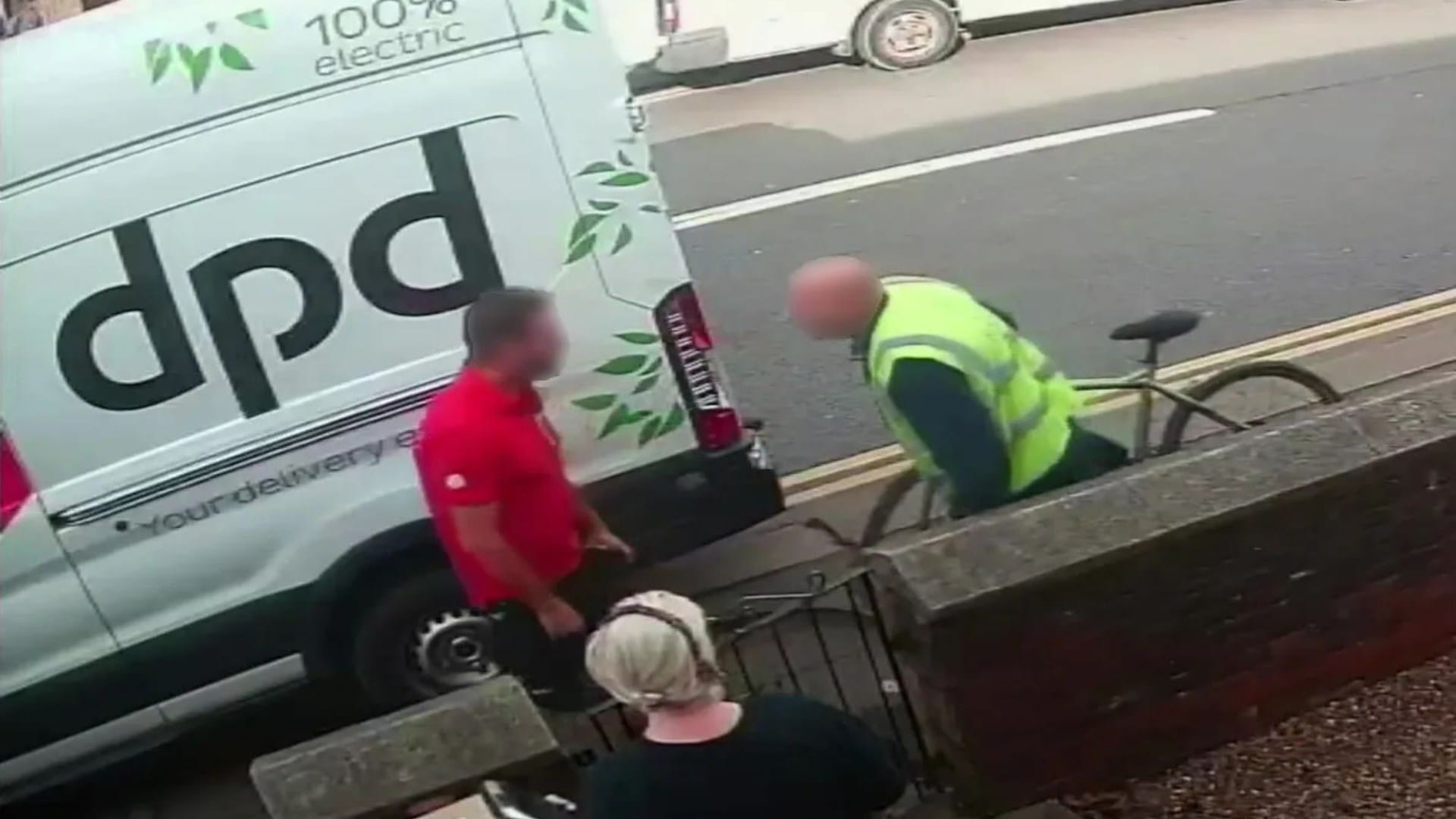Shocking moment furious cyclist confronts DPD driver for parking on the pavement -but gets instant ‘karma’ moments later