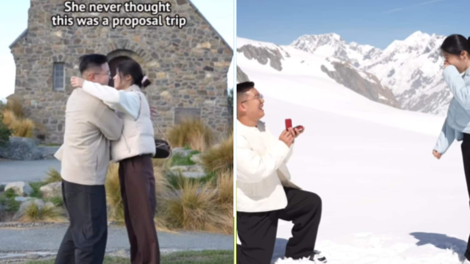 Man tricks girlfriend into striking same pose during trip to surprise with proposal