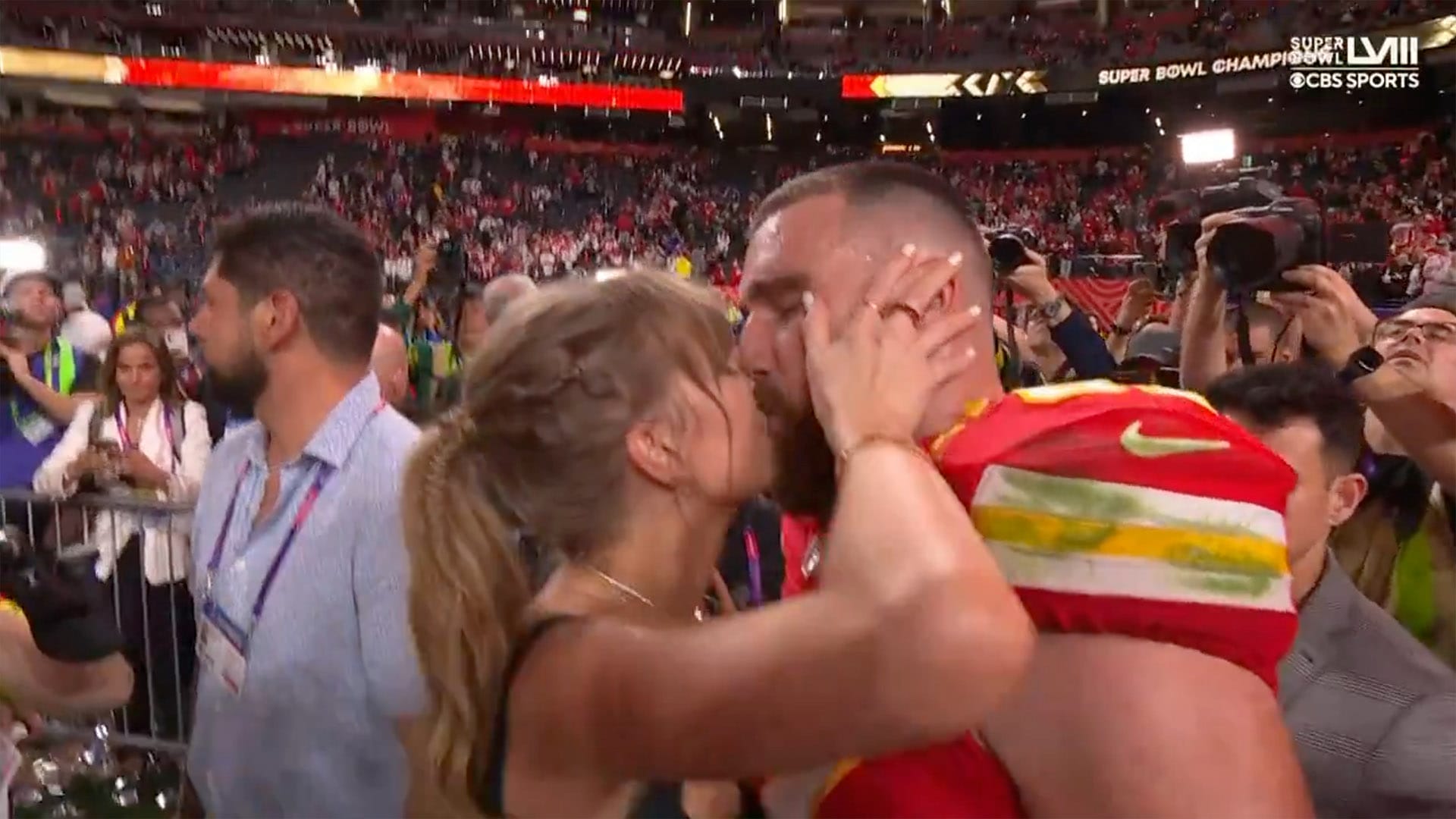 Proud Taylor Swift almost in tears as she kisses boyfriend Travis Kelce in emotional scenes as Chiefs win Super Bowl