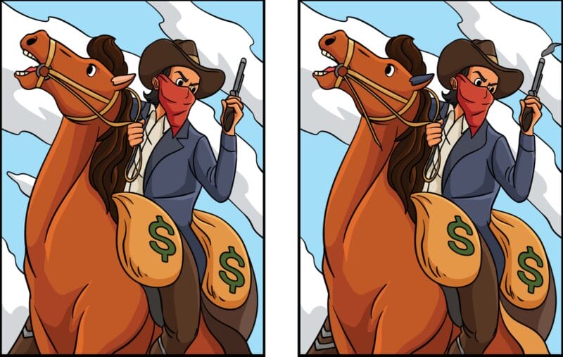 Can you find 7 differences in the cowboy image?  You have 25 seconds to complete this challenge