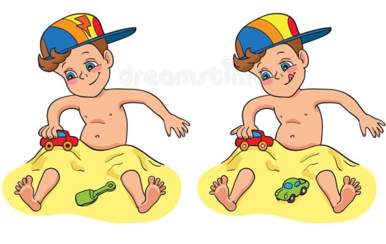 Find 5 differences in the picture of a boy playing on the beach in 5 seconds