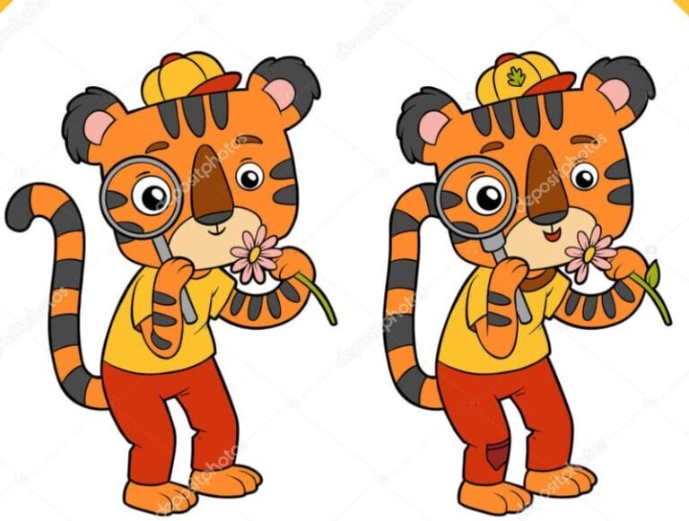 Find 10 differences in the picture of a cute tiger with a magnifying glass looking at a flower tiger with