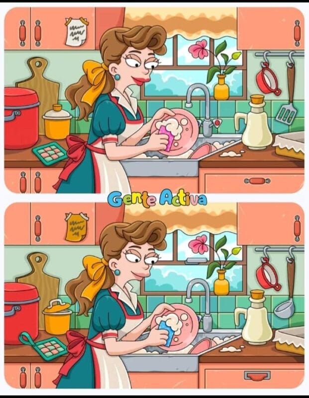 Find 10 differences in the picture of a housewife washing dishes in 10 seconds