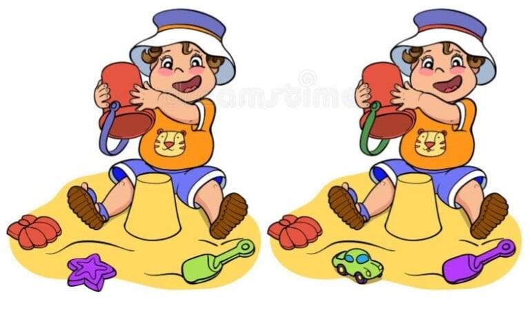Find 5 differences in the picture of a boy playing in the sand in 5 seconds