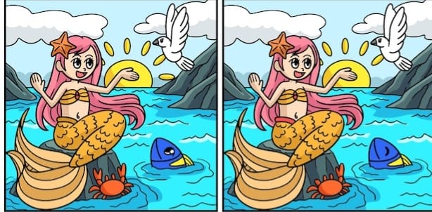 Find 6 differences in the picture of a beautiful mermaid in 6 seconds