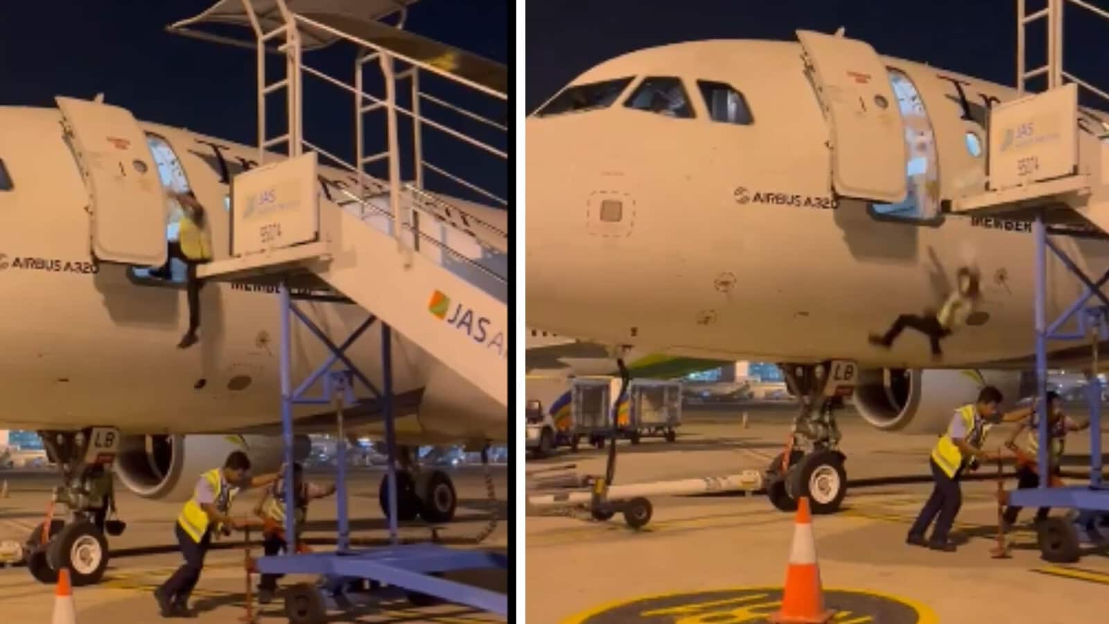 Man falls off Airbus A320 as ground staff move stairs away from plane. Viral video