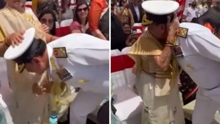 Navy Chief Admiral Dinesh Tripathi touches mother’s feet after getting appointed. Watch heartwarming video