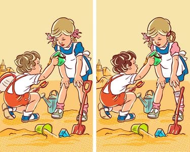 Spot the 8 differences in 8 seconds in the picture of a sister and brother playing in the sand
