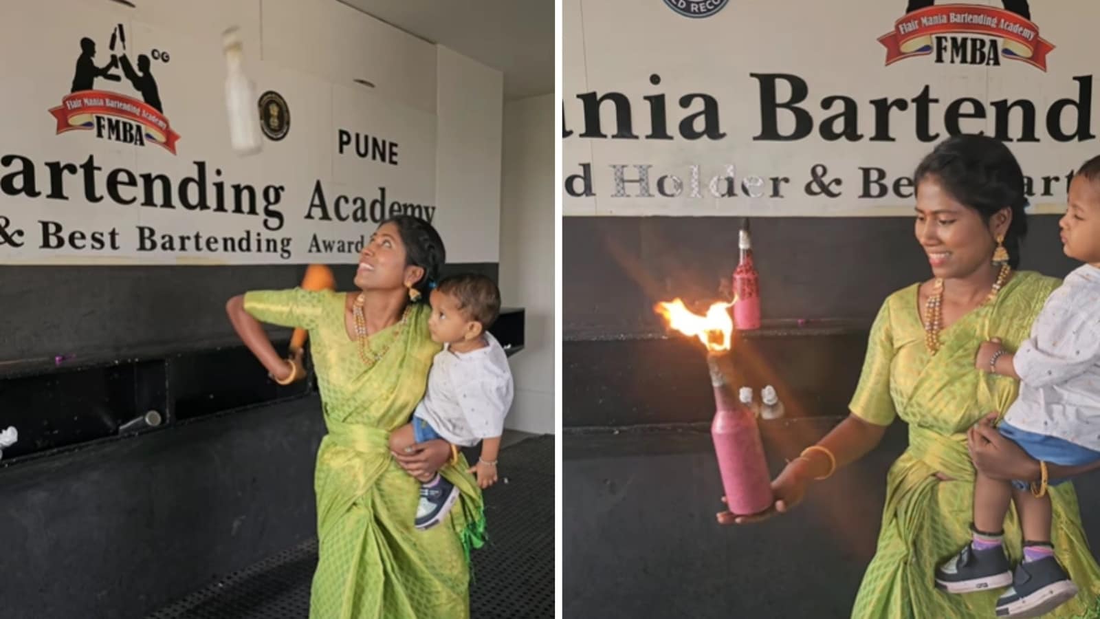 Viral video: Pune woman wears saree, holds baby while juggling glass bottles
